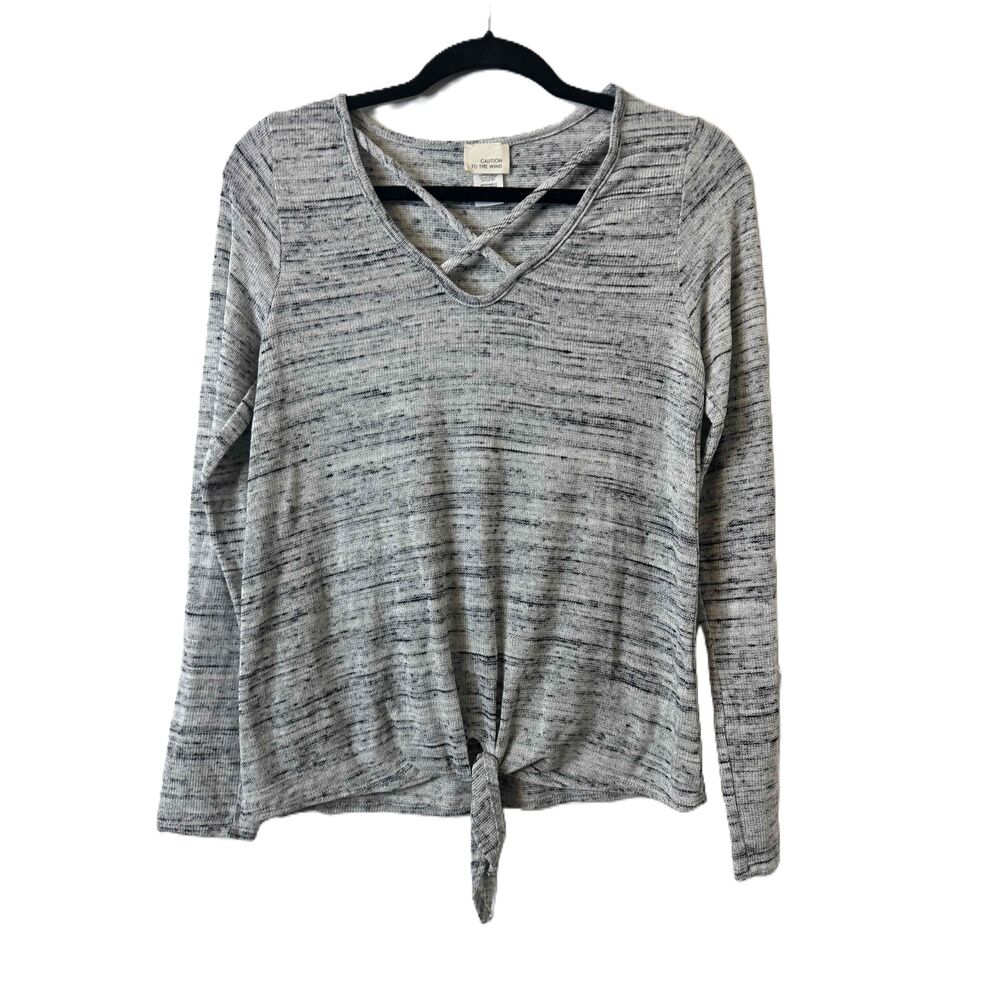 Caution To The Wind Top Womens Size Medium Gray V Neck Long Sleeve Tie Front